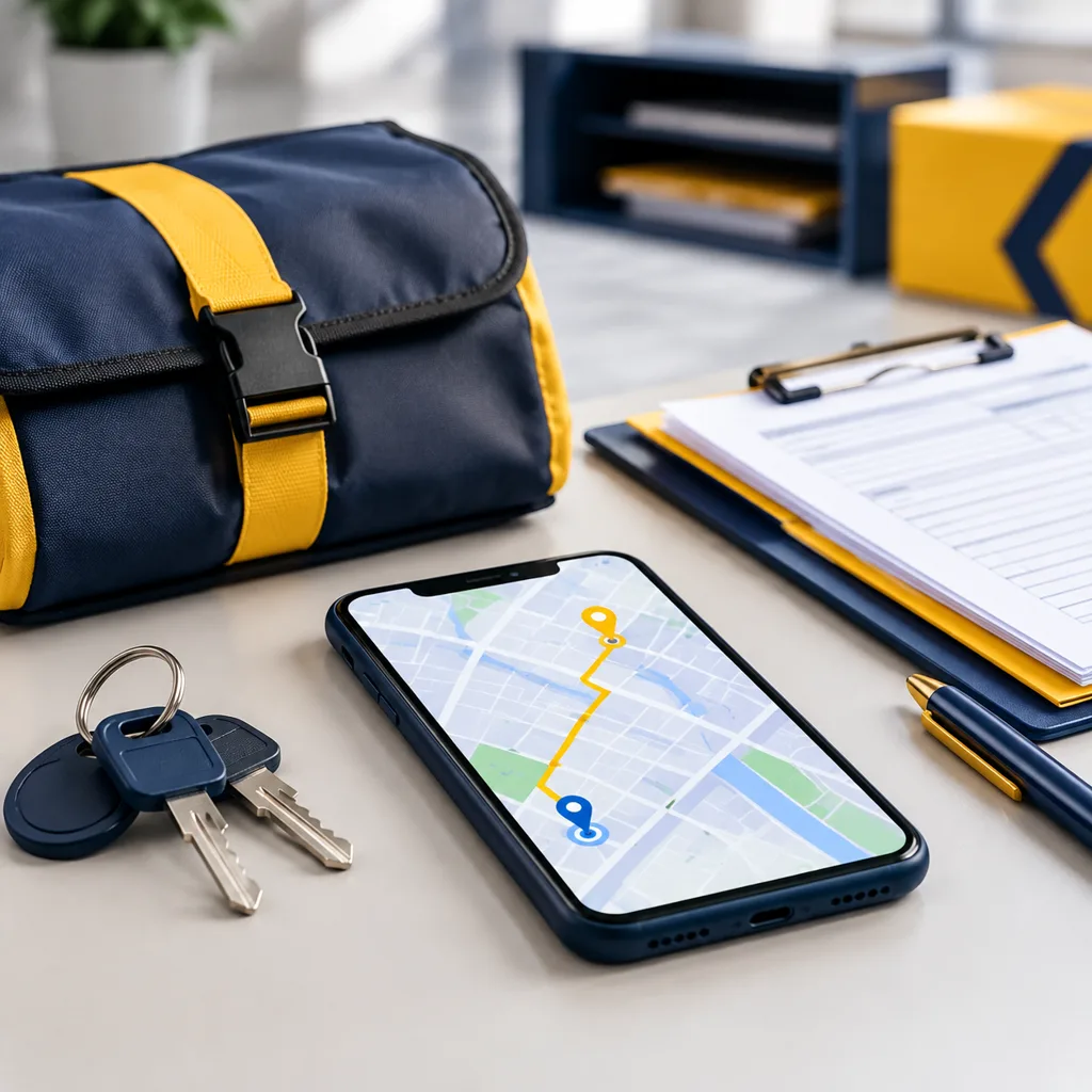 Dispositionsplatz mit Liefertasche, Schlüsselbund und Routenunterlagen