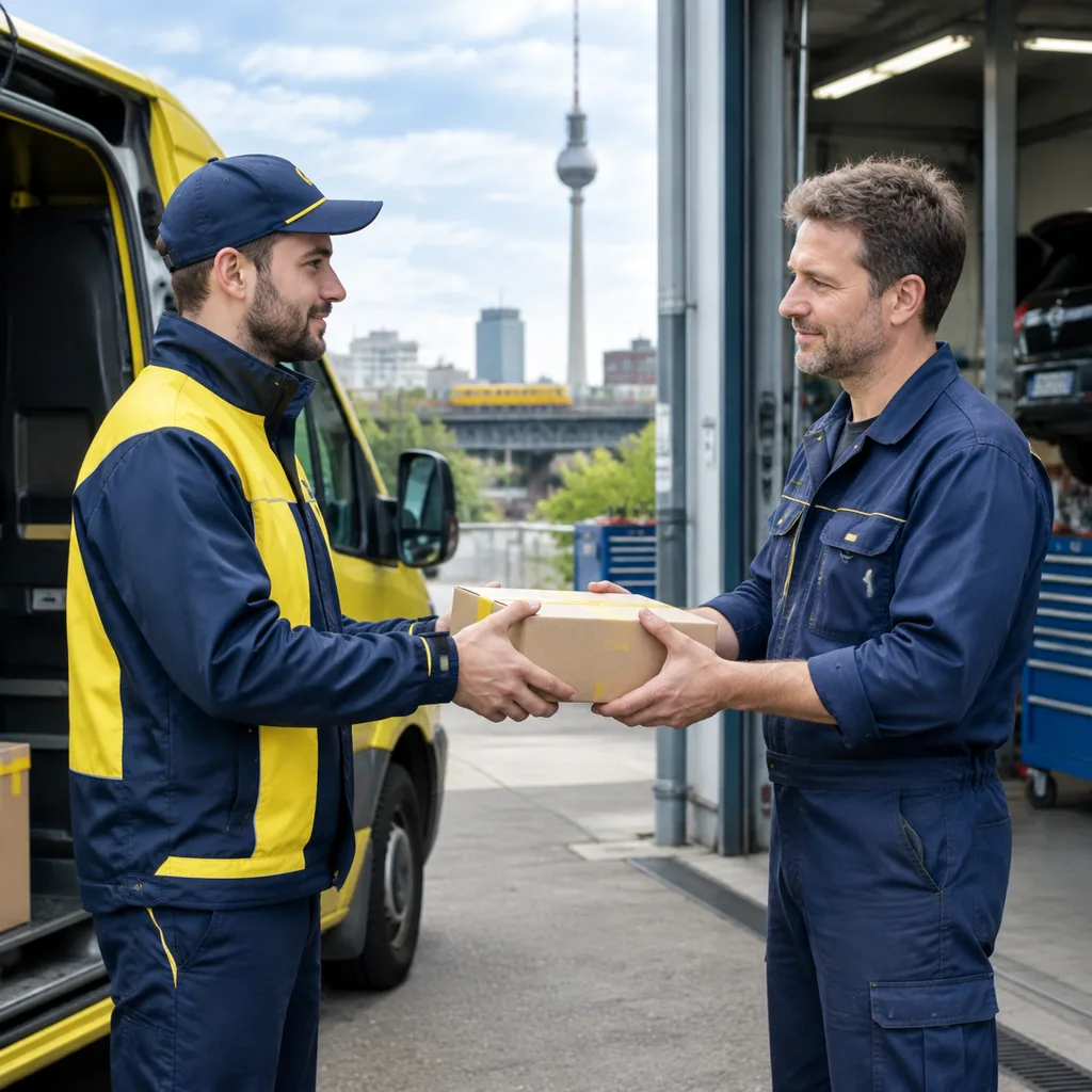 Kurier übergibt ein Ersatzteil an einen Werkstattmitarbeiter