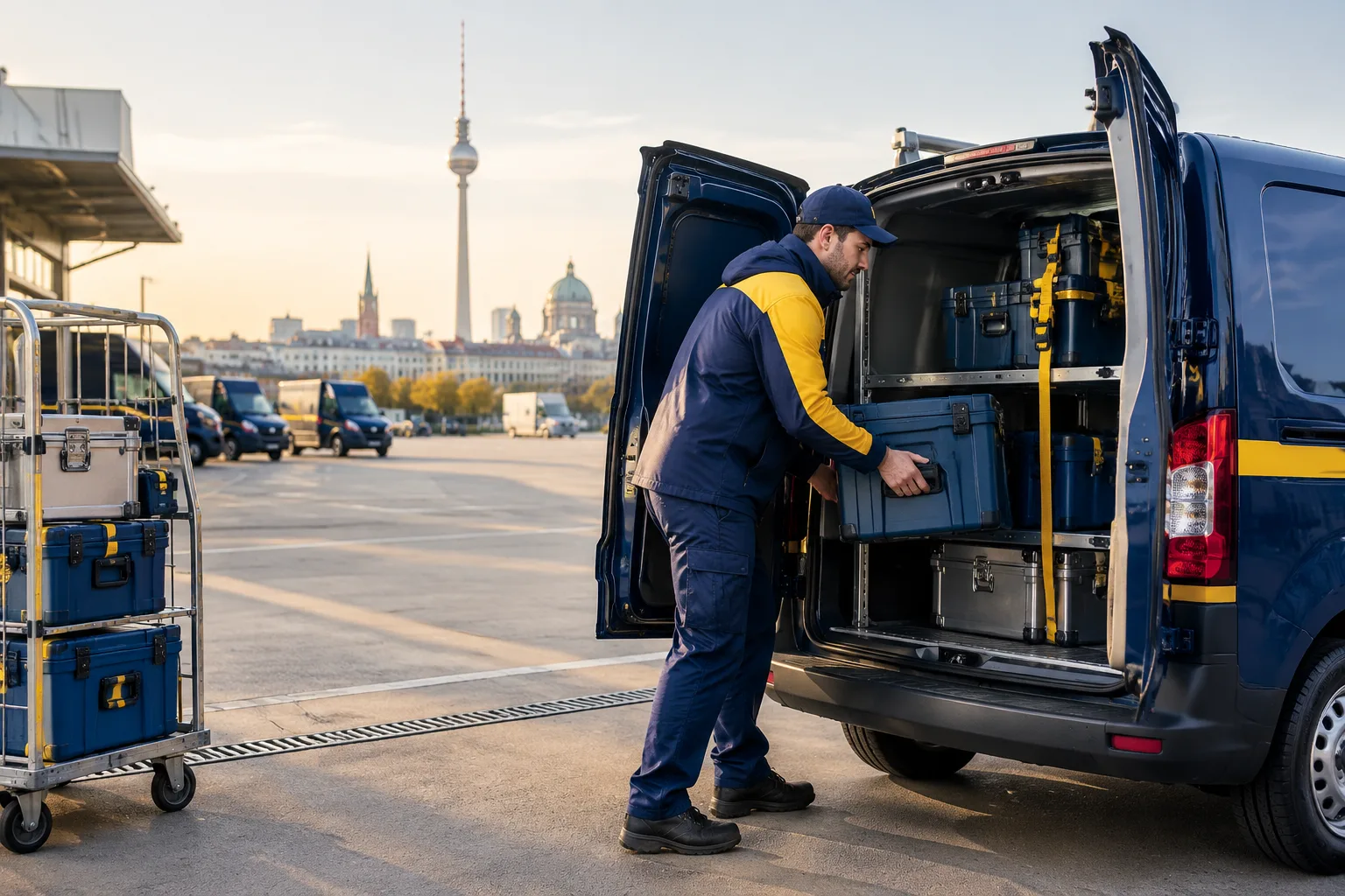 Kurier belädt am frühen Morgen einen Lieferwagen in Berlin